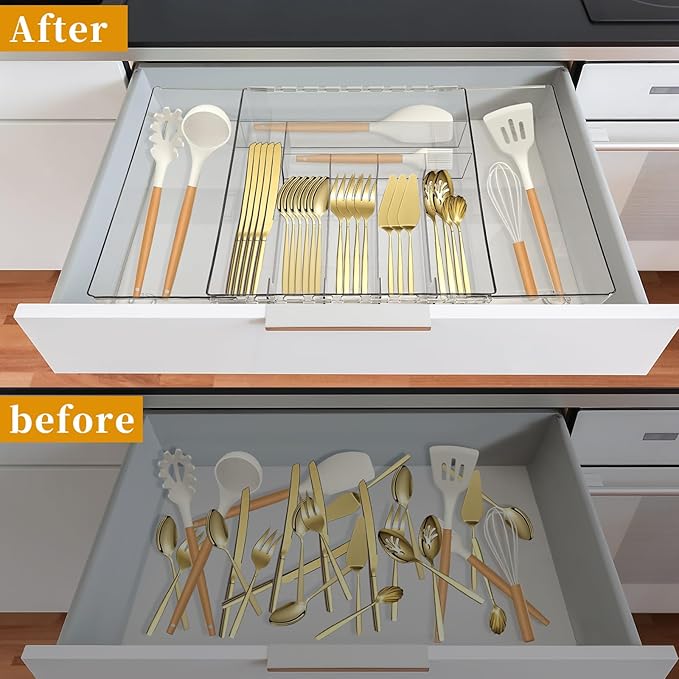 Expandable Silverware Kitchen Drawer Organizer Large Utensil Drawer Organizer Adjustable Cooking Utensil Holder Cutlery Tray for Spoons Forks Knives Bathroom Supplies Storage Plastic Clear-NeatNest