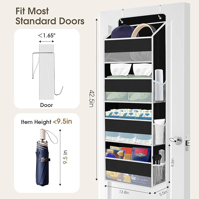 1 Pack Over The Door Organizer, Hanging Storage Organizer with Clear Window, 40lb Ultra Sturdy Large Capacity Room Organizer for Pantry Laundry Bathroom Nursery Closet (Black)-NeatNest