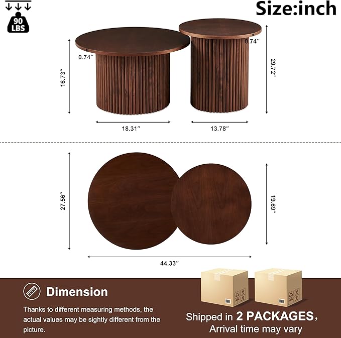 2-Piece Nesting Coffee Side Table Set of 2, Round Nightstand End Table with Fluted Wood Strip Base,Engineered Wood Nesting Tabletop with Solid Walnut Wood Veneer, Elegant Side Table