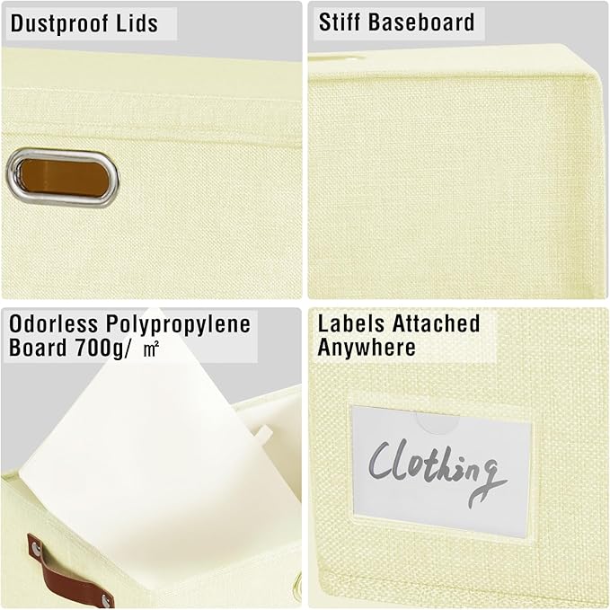 17" Large Collapsible Storage Bins with Lids, Stackable Closet Organizers with PU Handle and Labels, 3-Pack Decorative Fabric Storage Boxes for Home, Bedroom, Closet, Office, Nursery(Beige)-NeatNest