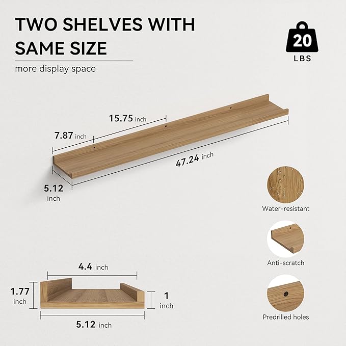 47.2 Inches Long Floating Shelves Wall Mounted, 2 Set Rustic Wall Shelf for Bedroom, Nursery Book Shelf with Lip, Picture Ledge Shelf for Wall Decor Living Room Bathroom Kitchen - Oak-NeatNest