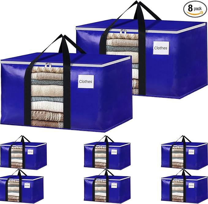 BlissTotes 8 Pack Moving Bags with Clear Window, Storage Bags with Strong Carrying Handles & Zippers,Large Packing Bags for Saving Space, Alternative to Moving Boxes(Blue,24 Gallon)-NeatNest
