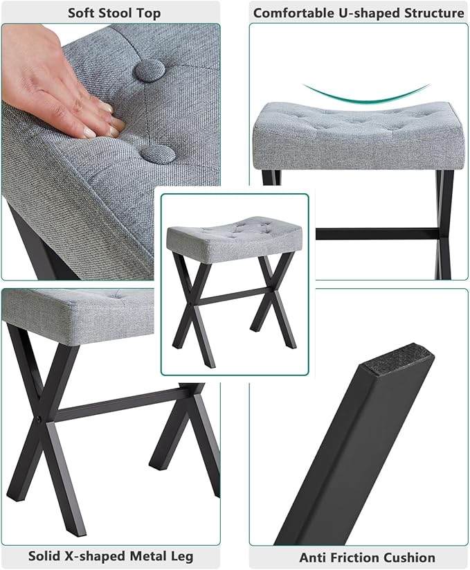 IBUYKE U-Shaped Linen Vanity Stool, Square Makeup Chair with X-Leg, Ottoman Seat Footrest Stool, Multi-Use as Small Side Table, for Bedroom, Living Room, Blue Gray WBD018L