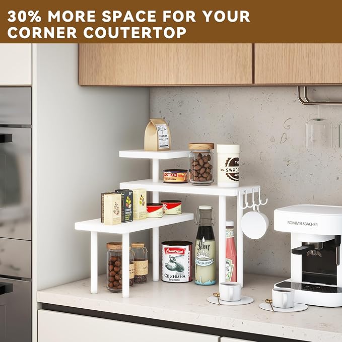 IBUYKE Countertop Organizer,3-Tier Spice Racks,Kitchen Counter Corner Shelf,4 Side Hooks,Adjustable Countertop Shelf for Kitchen, Bathroom, Coffee Bar, Cabinet, Desk,White,TLJ023W-NeatNest
