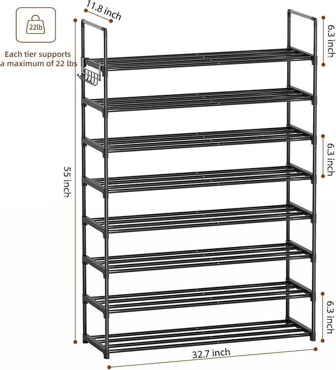 Shoe Rack, 8 Tier Tall Shoe Rack for Entryway, Shoe Orhanizer for Closet, Adjustable Shelf Height Metal Shoe Shelf, Shoe Stand for Front Door Entrance, Closet & Entryway-NeatNest