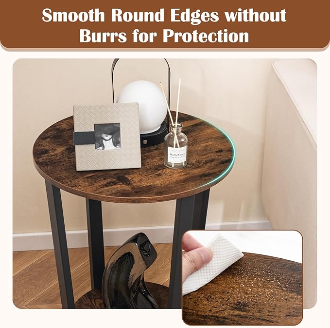 Giantex Round End Table, 2-Tier Side Sofa Table with Open Storage Shelf and Metal Frame, Industrial Nightstand Bedside Table for Living Room, Bedroom, Small Space, Accent Furniture, Rustic Brown
