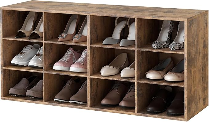 Garden 4 you Shoe Storage Bench, Cubby Shoe Rack with 12 Cubbies, 3-Tier Wood Shoe Rack Organizer, Shoe Organizer Cabinet for Entryway, Hallway, Closet and Garage, Brown-NeatNest