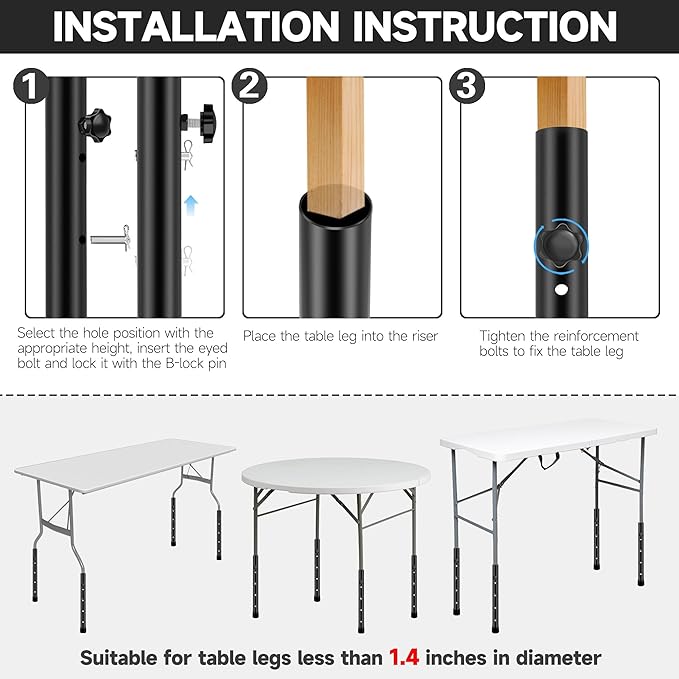 (4-Pack) Folding Table Leg Extenders, Highly Durable Steel Folding Table Leg Risers, Folding Desk Leg Extensions for Straight and Bent Legs, Adjustable Table Height Extenders for Rise 3.6in/5.2in-NeatNest