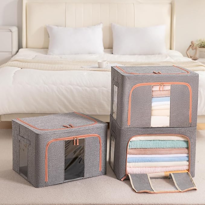 100L Stackable Clothes Storage Bins with Metal Frame Handles & Zipper, Collapsible Closet Organizer Box with Lid for Bedding Blankets Towel (Grey,1 pack)-NeatNest