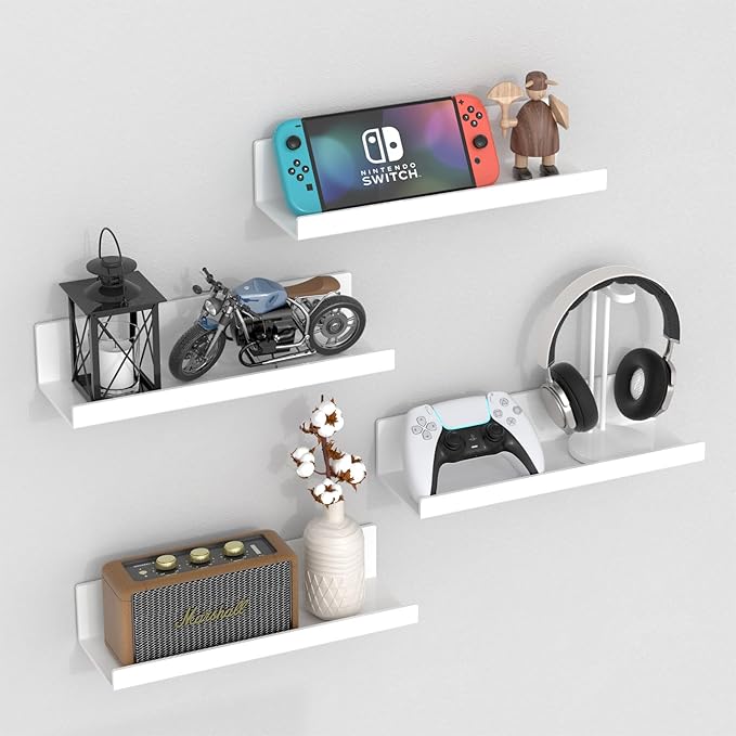 12" White Acrylic Floating Shelves, 4 Pack with Cable Clips, Book Shelf for Expand Display Space, Acrylic Organizers for Living Room, Bathroom, Gaming Room, Dorm Wall Decor-NeatNest