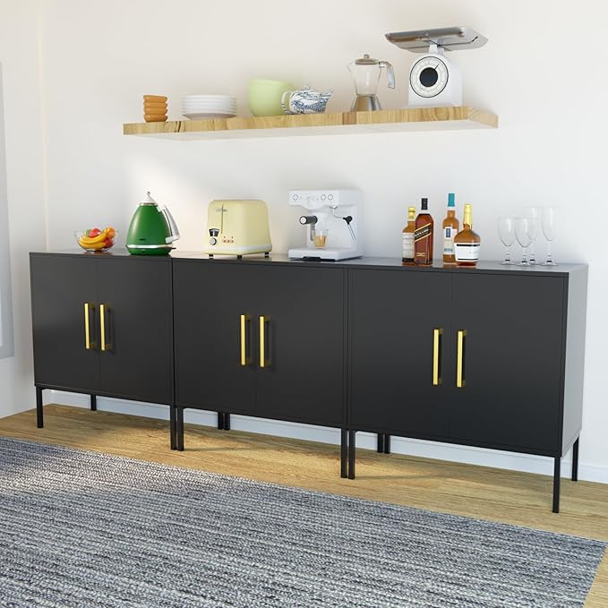 JOZZBY Buffet Sideboard Cabinet with Storage, Modern Wooden Cabinet with Adjustable Shelves, Black and Gold Cabinets for Living Room, Kitchen, Hallway, Set of 3