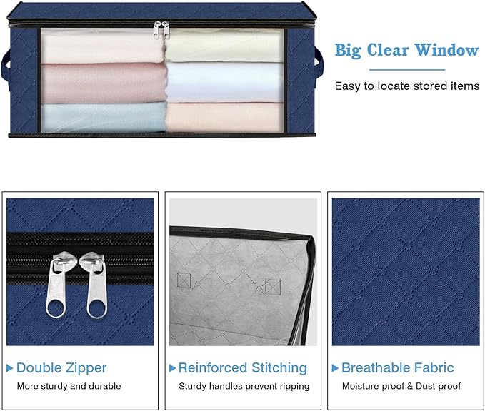 HomeHacks Storage 8-Pack Clothes Organizer Storage Bags Foldable Storage Box with Large Clear Window Sturdy Handles for Closet, Dorm, Pillows, Bedding, Clothes, Blankets, 35L, Blue-NeatNest