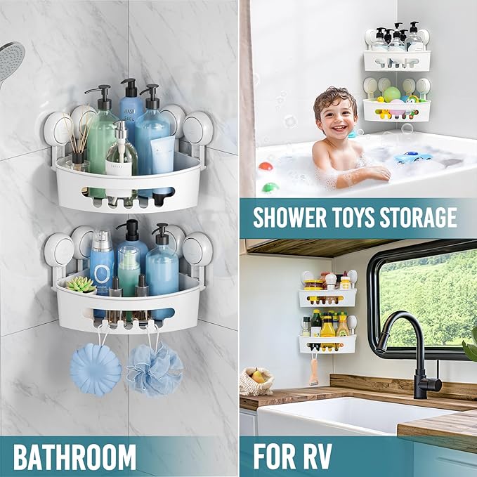 TAILI Suction Corner Shower Caddy, Bathroom Shelf Storage Basket Wall Mounted Organizer for Shampoo, Conditioner, Plastic Rack for Kitchen&Bathroom, Drill-Free Removable (2 Pack)