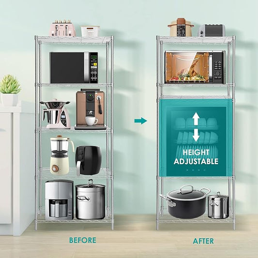 BNSPLY 5 Tier Wire Shelving Unit, Adjustable Wire Rack Shelving, Changeable Metal Wire Storage Shelves for Kitchen, Laundry, Bathroom, Balcony, Pantry (11.4" D x 21.3" W x 59" H, Silver)-NeatNest