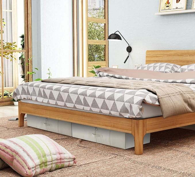 Folding Under Bed Shoes Storage Organiser Bins with Lid, Underbed Clothes Organizer Basket, Garment Storage Boxes, Beige-NeatNest