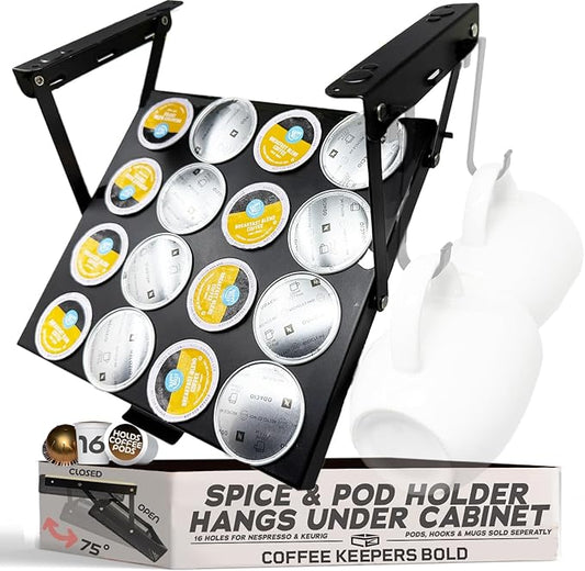 16 Pod - Under Cabinet Coffee Capsule and pod Holder – Space-Saving Hinge Hanging, Magnet Steel Construction Organizer for Small Spaces – Black-NeatNest