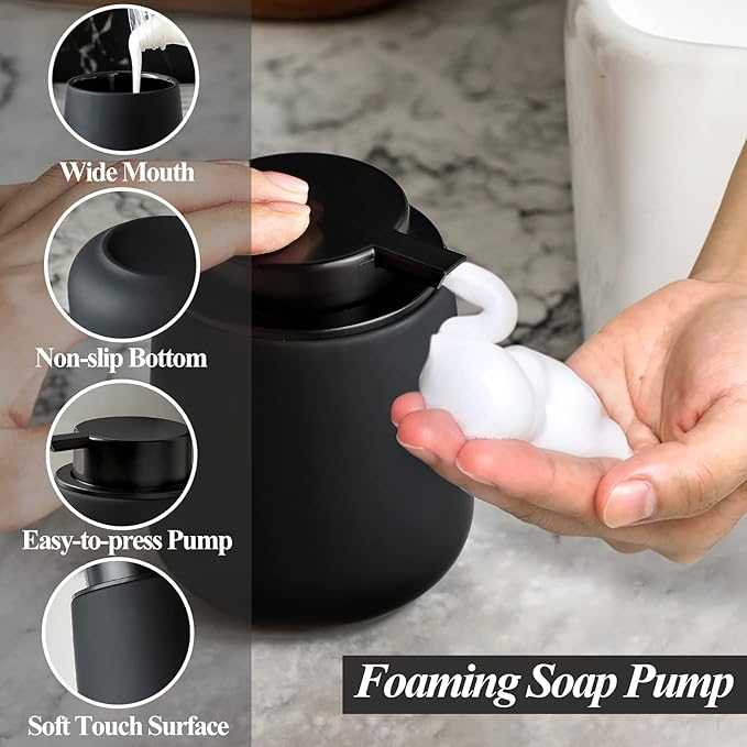 BosilunLife Foam Hand Soap Dispenser - 12 oz Bathroom Lotion Hand Pump Dispenser Black Foaming Hand Soap Dispenser Ceramic Dish Liquid Dispenser for Kitchen Hand Wash Dispenser (Rubber Paint)-NeatNest