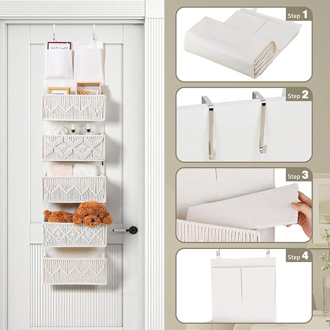 ANTIS'S HOME Over the Door Organizer Macrame Boho Nursery Storage with 5 Large Woven Pockets, Hanging Closet Basket for Bathroom or Nursery, Behind the Door Storage Organizer-NeatNest