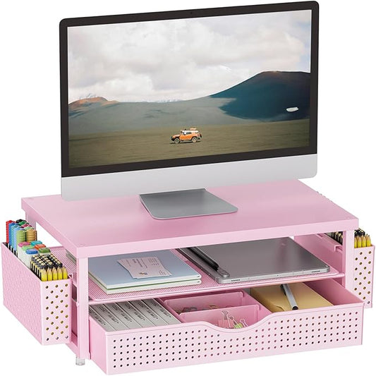 gianotter Wood Monitor Stand Riser, Desk Organizer with Drawer and 2 Pen Holders, 2-Tier Workspace Organizer for Office Supplies(Pink Wood)-NeatNest