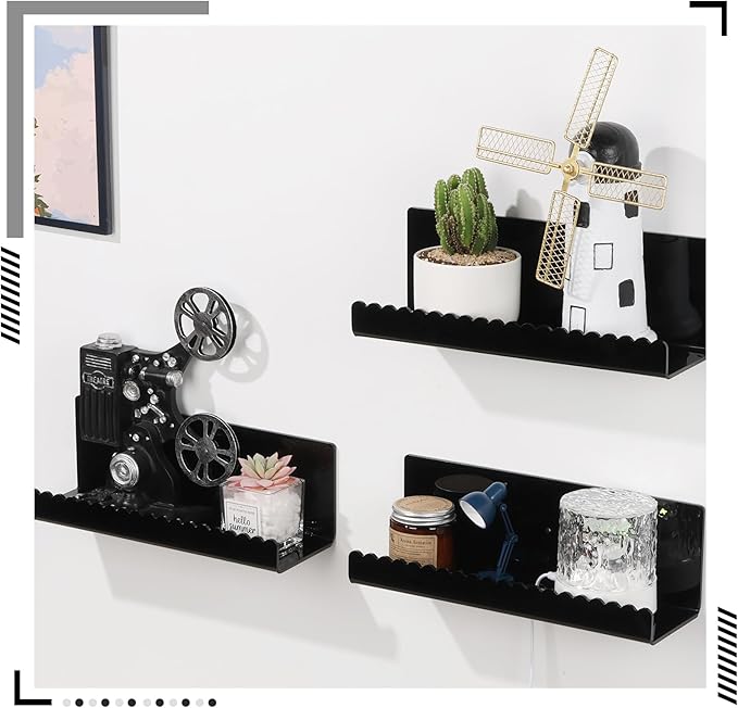 2 Pack Acrylic Wall Floating Shelves, Black Adhesive Organizer, Acrylic Floating Bookshelves, Wall Display Shelve for Bedroom, Gaming Room, Living Room, Bathroom, Office-NeatNest