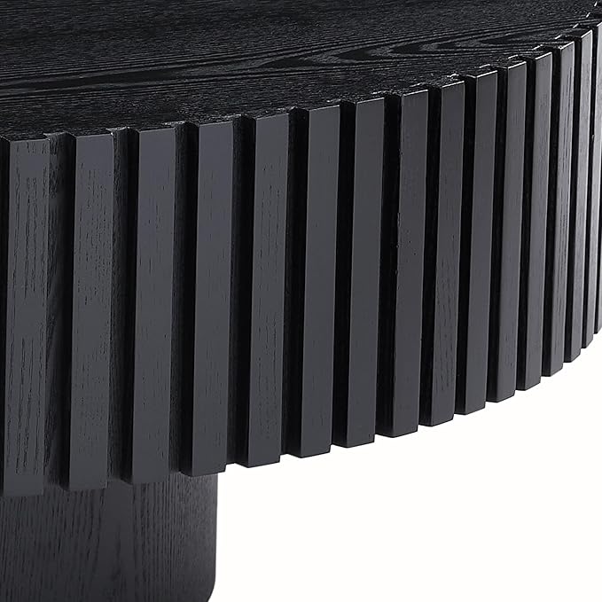 kevinplus 31.49'' Black Round Coffee Table Modern Wood Coffee Table for Living Room, Contemporary Circle Fluted Drum Style, Easy Assembly, Black (ø31.49'' x 13.77'')