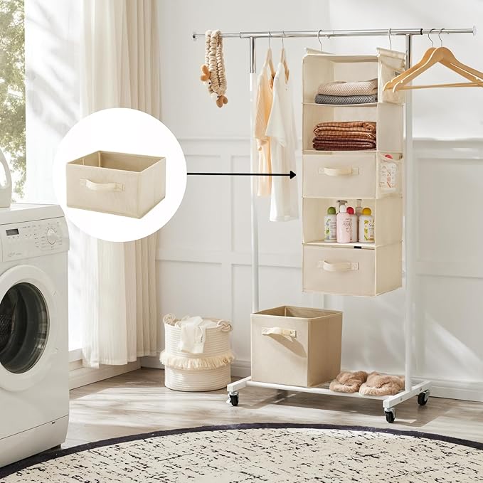 Hanging Shelf Closet Storage Organizer Removable Drawers ，Hanging Storage Organizer Hanging Sweater 2 Sock Underwear Drawers for Closet, Bedroom, Beige-NeatNest