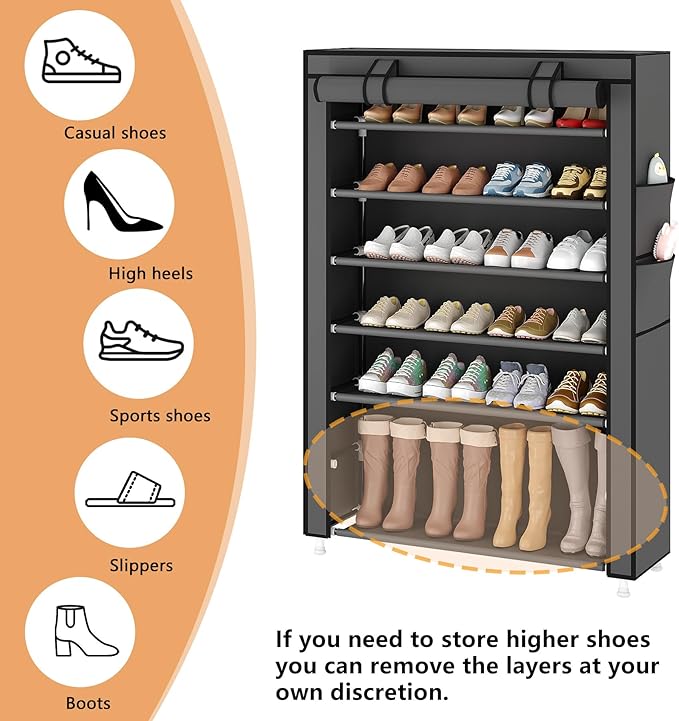 Laiensia 7-Tier Vertical Shoe Rack Organizer, Space Saving Shoe Storage Organizer, Non-Woven Cover Shoe Shelf Holds 28-35 Pairs for Bedroom, Hallway, Closet Entryway, Grey-NeatNest