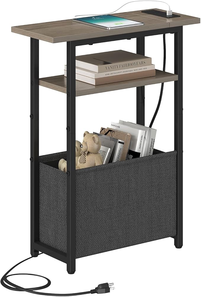 Narrow Side Table with Charging Station, Small End Table for Small Spaces, Skinny Nightstands with Storage Basket, 3 Tier Sofa Couch Bedside Tables for Living Room,Bedroom, Grey