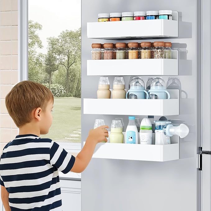 Magnetic Spice Rack for Refrigerator, Kitchen Organizer and Storage Shelf, White (2 Pack)…
