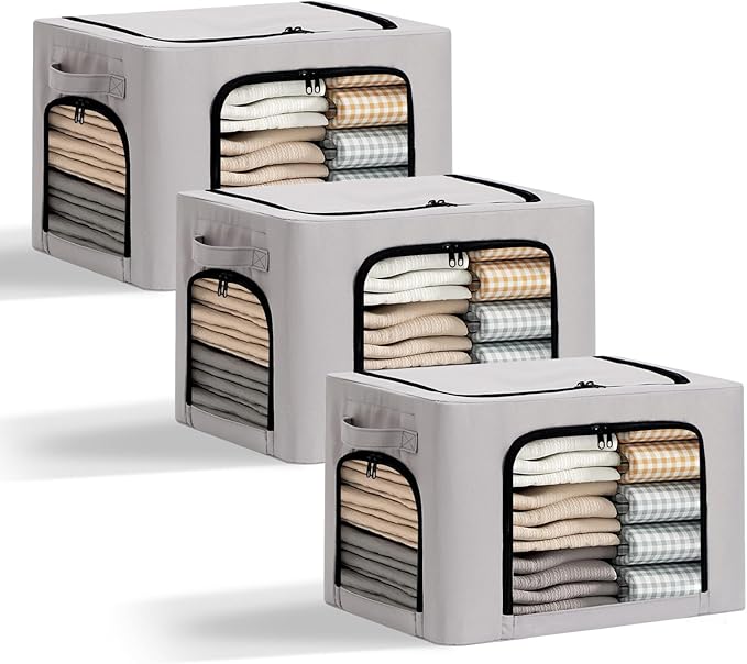 3-Pack Clothes Organizer Bins with Metal Frame, Foldable 40L Linen Storage Boxes with Lids, Clear Windows, Zippers & Durable Handles (Light Gray)-NeatNest