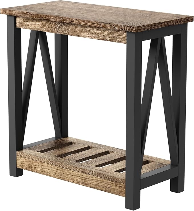 ChooChoo Farmhouse End Table, Narrow Side Table, Slim End Table with Storage Shelf for Small Spaces for Living Room, Bedroom Rustic Oak & Black-NeatNest