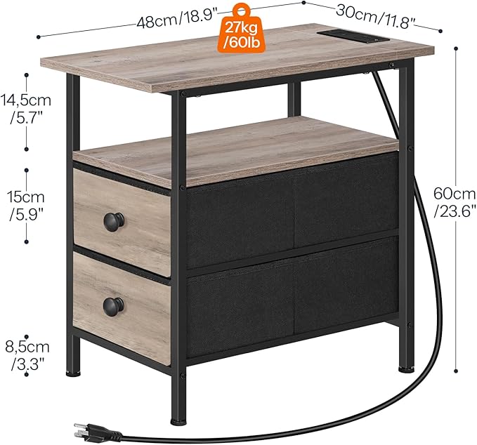 HOOBRO Narrow Side Table with LED Light and USB C Port, Night Stand with Charging Station, Skinny End Table with 2 Fabric Drawers, for Bedroom, Living Room, Greige and Black BG486UDBZ01