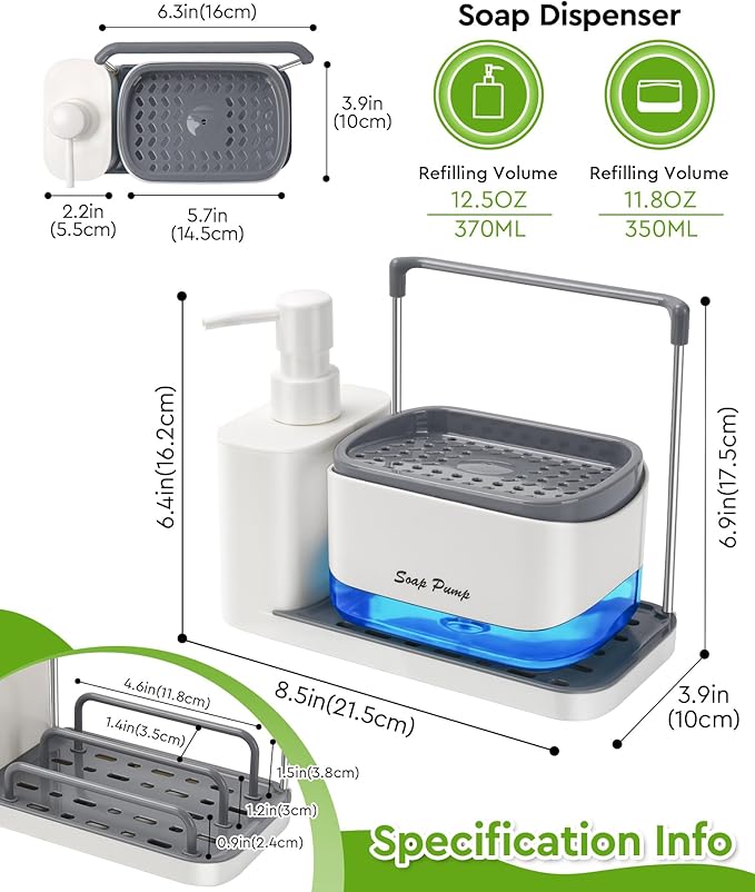 Hand and Dish Soap Dispenser Set with Tray, Dual Soap Dispenser with Sponge Holder and Dishcloth Holder 5-in-1 Organizer for Kitchen Sink Countertop Storage Organize - Useful Kitchen Gadgets (White)-NeatNest
