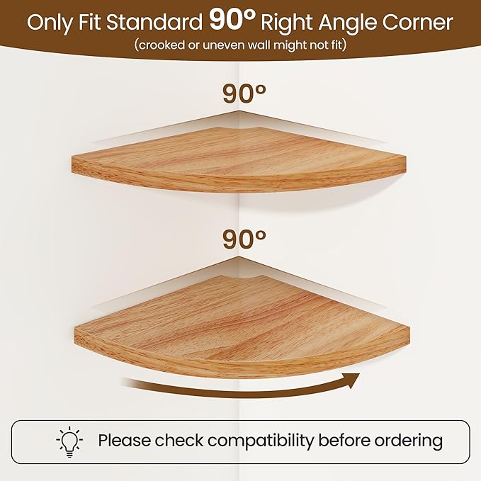 Fun Memories Corner Shelf Wall Mount Set of 2 - Solid Oak Wood Floating Corner Shelf with Cable Hole, 10in Rustic Design for Bedroom, Living Room, Kitchen (Natural)-NeatNest