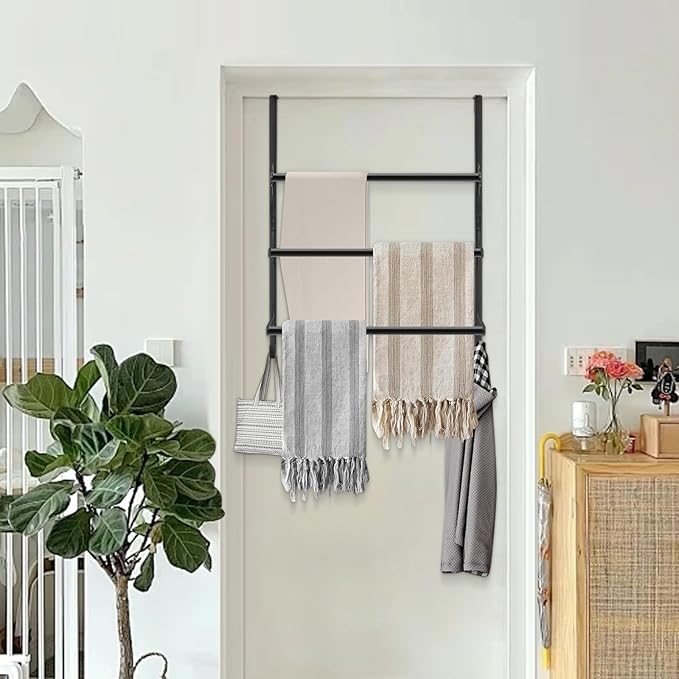 Livabber 3-Tier Over The Door Towel Rack, All Metal Towel Rack with Hooks for Door Hanging, Behind Door Towel Bar Towel Storage Holder for Bathroom Accessories, 19.37" L x 5.9" Wx 24.4" H(Black)