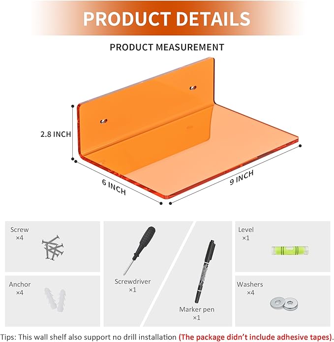 9 Inch Orange Wall Shelves, Acrylic Wall Mounting Ledges Display, Acrylic Display Wall Shelf for Funko Pop Figures, Collectibles, Plants, Décor, Toiletries, Spices, 2 Pack-NeatNest