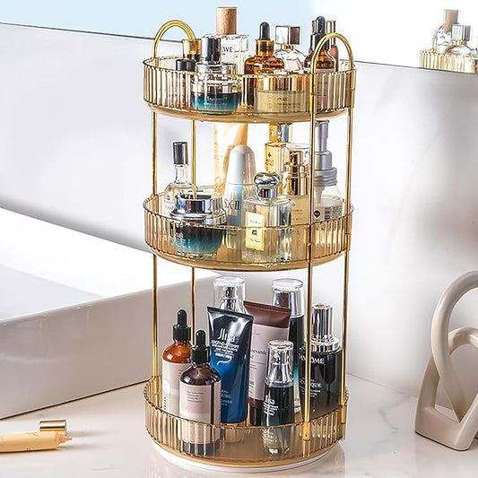 Rotating Makeup Organizer Countertop 3 Tier Lazy Susan Trays Clear Skincare Perfume Storage for Bathroom Counter Vanity, Amber Gold-NeatNest