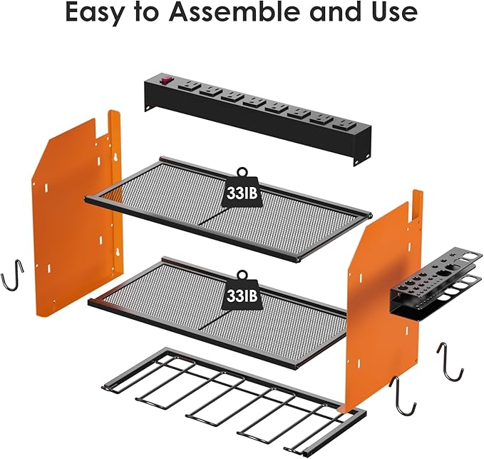 CCCEI Set Power Tool Organizer Wall Mount with Charging Station. Garage 4 Drill Storage Shelf with Hooks, Heavy Duty Metal Tool Battery Charger Organizer. Shop Utility Rack with Power Strip Orange.-NeatNest