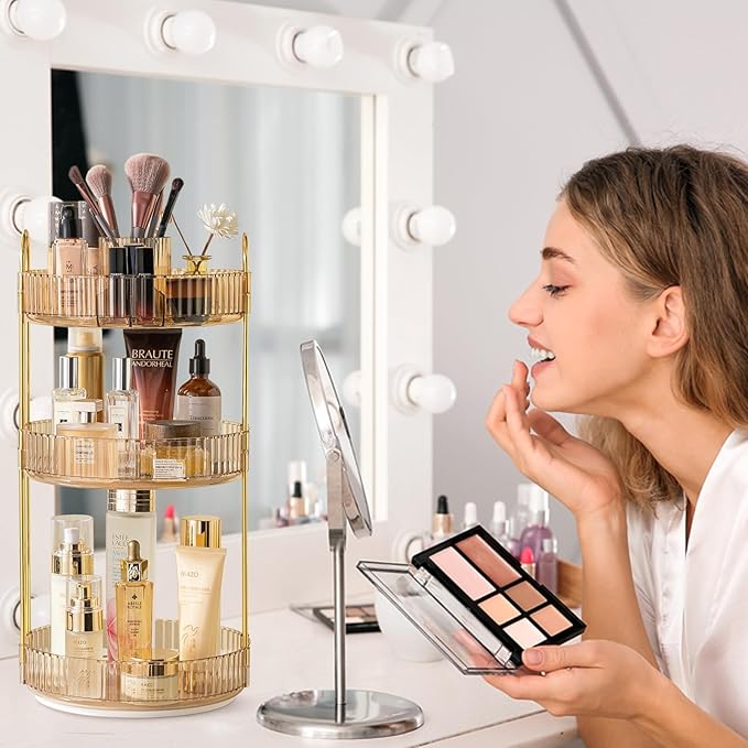 Rotating Makeup Organizer for Vanity, High-Capacity Skincare Clear Make Up Storage Perfume Organizers Cosmetic Dresser Organizer Countertop 360 Spinning (Gold, New-3 Tier)-NeatNest