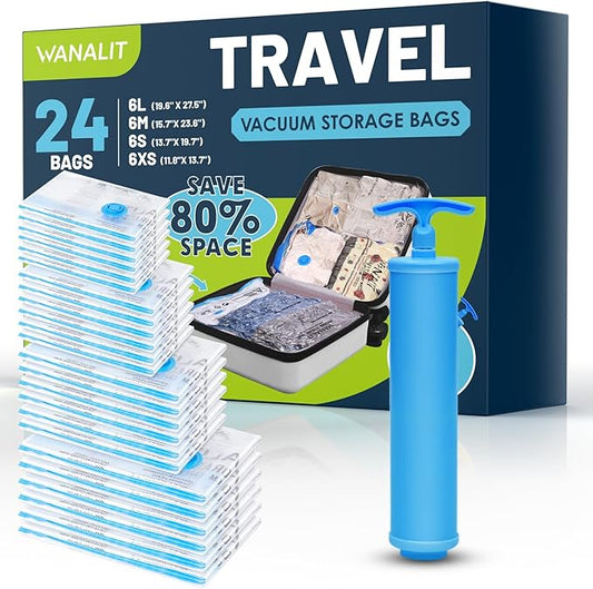 Travel Vacuum Storage Bags with Hand Pump, 24 Pack (6L+6M+6S+6XS) Vacuum Seal Bag Travel Essentials Space Saving Bags for Clothes, Luggage, Carry-on Suitcase, Backpack, Holiday Business Trip-NeatNest