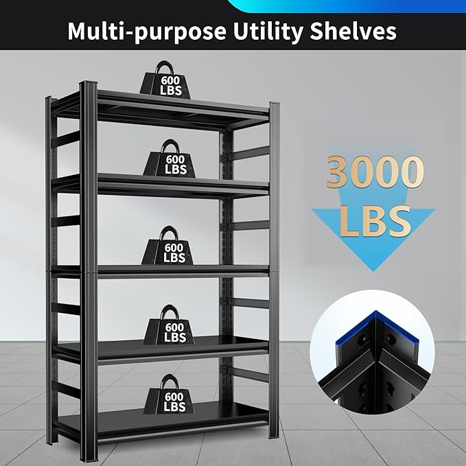 72" H Metal Garage Shelving Unit, 5-Tier Adjustable Garage Storage Shelves Heavy Duty,3000 LBS Metal Utility Rack Shelf for Industries, Warehouses, Basement,Black (72'H x 36''W x 16.1''D)