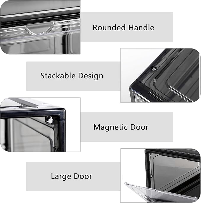 Clear Shoe Box Plastic Stackable Upgraded 6 Pack Shoe Storage Box Organizer with Clear Large Magnetic Door for Display Sneakers Easy Assembly, White-NeatNest
