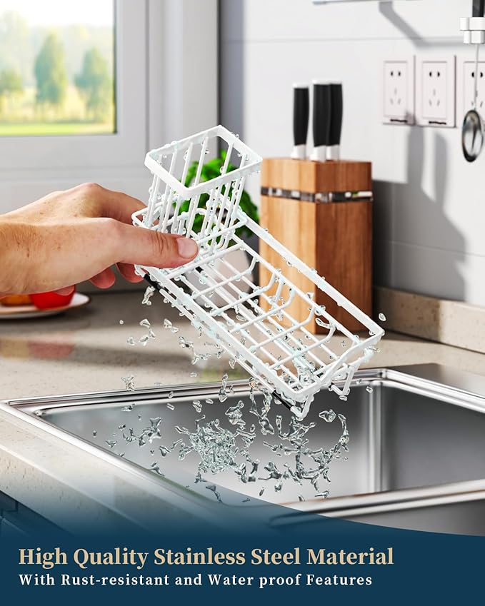 Consumest Sponge Holder for Kitchen Sink - Sink Caddy Organizer with Removable Drip Tray for Countertop Dish Soap Dispenser Brush Storage Kitchen Accessories 304 Stainless Steel, White-NeatNest