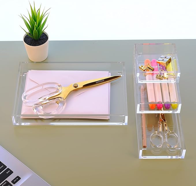Clear Acrylic Desk Organizer for Office or Home Desk Drawer Dividers, Makeup Vanity Storage Bins, Stackable 4-Pack, Acrylic Accessory and Half Accessory Tray/Small Tray-NeatNest
