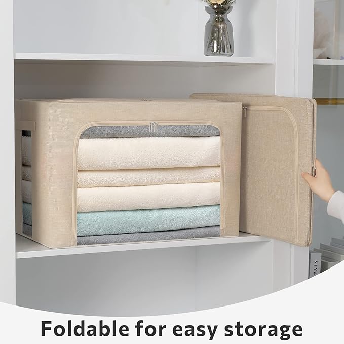 2 Pack Clear Window Storage Bins Large Foldable Fabric Storage Bins Boxes for Clothes Stackable Box Organizer Set with Carrying Handles (Beige, 19.7x 15.7x 12.5 Inch)-NeatNest