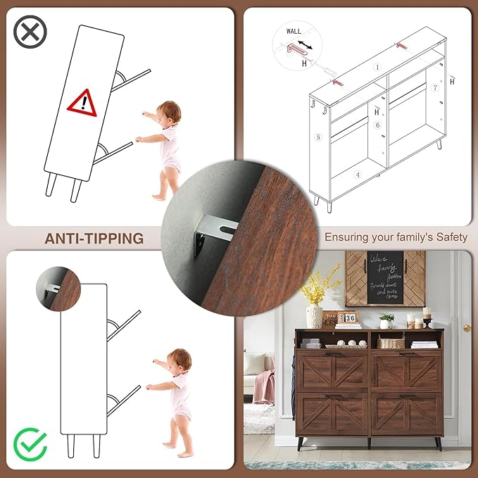 Shoe Storage Cabinet,Farmhouse Shoe Organizer with 4 Flip Drawers & Barn Door Design,Freestanding Hidden Slim Narrow Shoe Rack Cabinet with Open Shelves for Entryway,Foyer,Hallway,Walnut-NeatNest