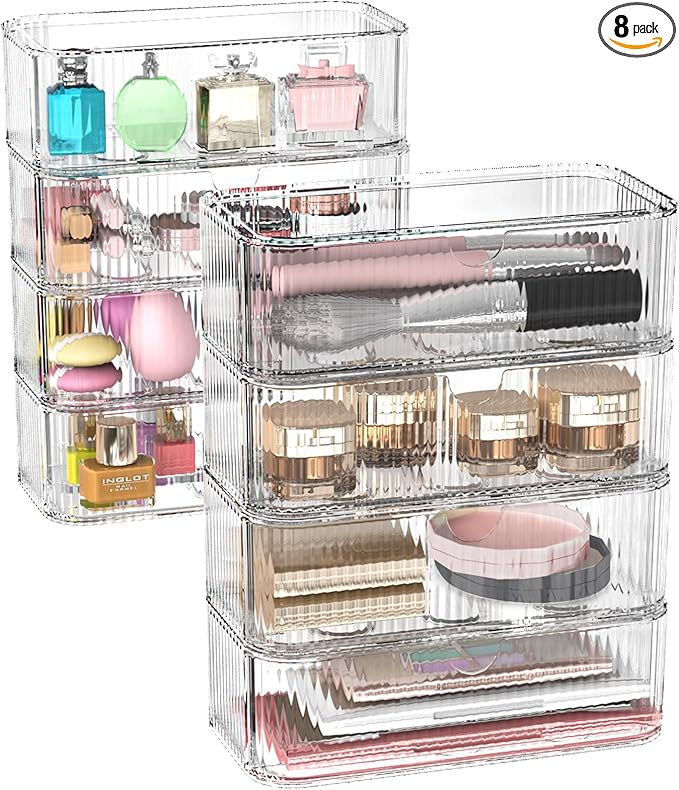 8-Pack Clear Stackable Storage Drawers with 16 Non-Slip Silicone Feet, Multi-Purpose Cosmetic & Home Organizers for Vanity, Office, Bathroom, Pantry, Easy-Pull Transparent Acrylic Storage Bins-NeatNest