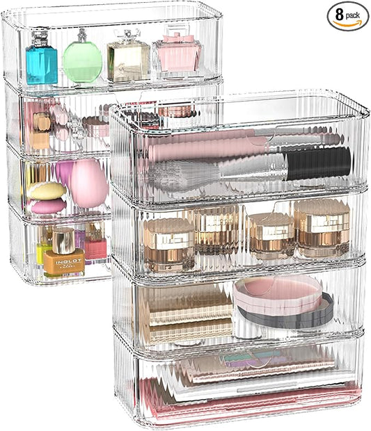 8-Pack Clear Stackable Storage Drawers with 16 Non-Slip Silicone Feet, Multi-Purpose Cosmetic & Home Organizers for Vanity, Office, Bathroom, Pantry, Easy-Pull Transparent Acrylic Storage Bins-NeatNest