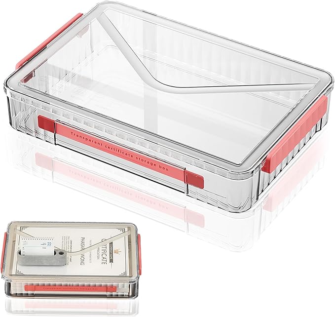 Lemical Clear File Box with Lids Portable Project Case for Storage A4 File Folder Box Stackable Storage Containers for Organizing 8.5 X 11 Paper, Magazines, Stamps, Photos, Cards (Red)