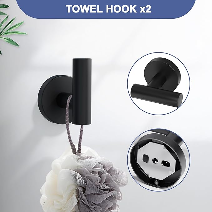 Matte Black Bathroom Hardware Set, 18 Inch SUS304 Stainless Steel Bath Towel Bar Set, Bathroom Accessories Set, Towel Rack, Towel Ring, Toilet Paper Holder, Robe Towel Hooks, 5-Pieces
